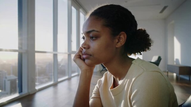 Young woman in cream sweater looking out of floor to ceiling window at sunset, medium shot