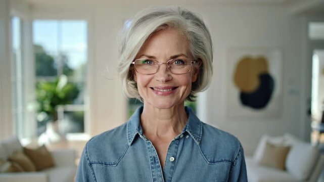Mature woman with gray hair wearing glasses smiling in a bright living room, medium shot