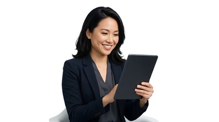 Fototapeta premium Confident Asian Businesswoman in Professional Suit Using Digital Tablet Isolated on White Background - Success and Technology Concept