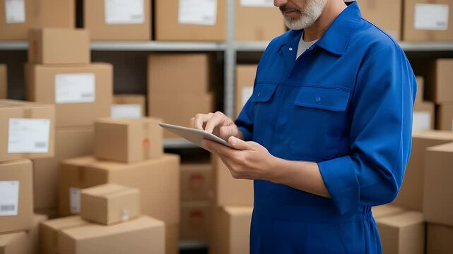 Mature warehouse supervisor wearing blue uniform uses a digital tablet to manage inventory boxes in a storage facility during a busy afternoon shift at work today