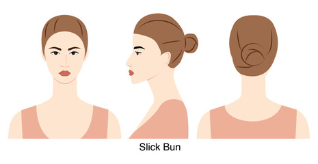 Obraz premium Slick Bun hairstyle vector front back profile views, smooth bun hair shape tight composition for beauty salon, hairdresser reference, fashion illustration, hairstyle selection