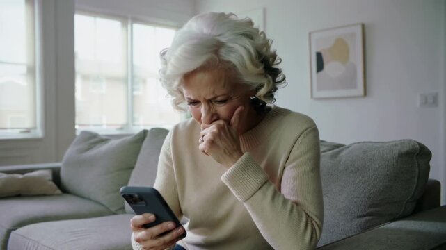 Mature woman looking at smartphone with concerned facial expression while sitting on sofa