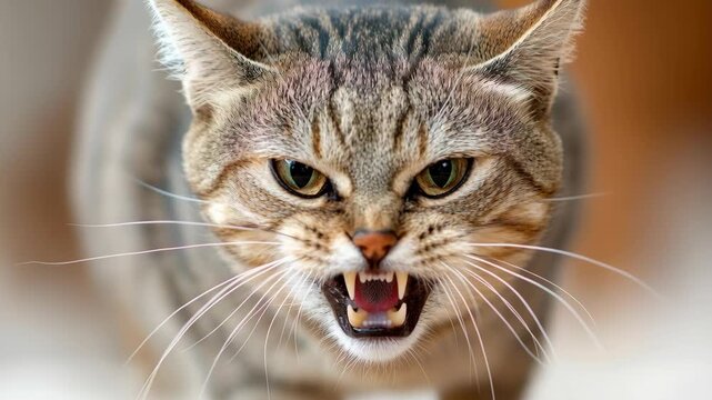 A close up view of an angry brown tabby cat hissing directly at the camera with its mouth open.