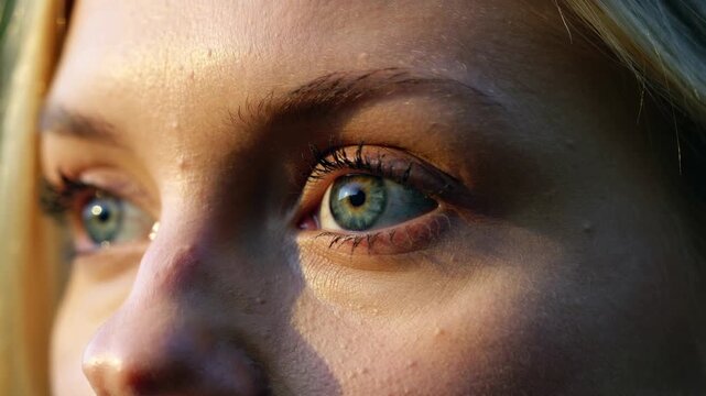 Woman with green eyes blinking, extreme close up of face, natural sunlight, eye level