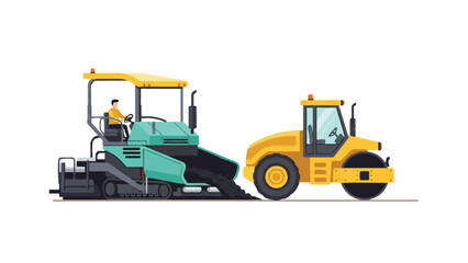 Fototapeta premium Road Construction Machinery Vector Illustration with Asphalt Paver and Steamroller on White Background