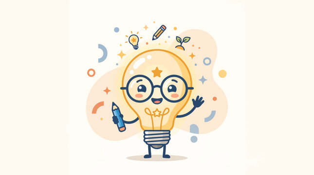 Cute Cartoon Light Bulb Character with Glasses and Happy Expression.
