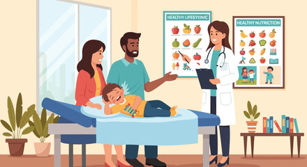 Fototapeta premium Doctor checks on happy child with parents at medical checkup, healthy lifestyle.