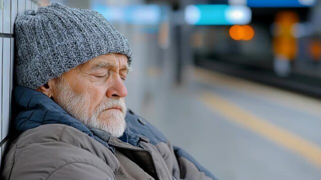 An elderly homeless man sits against a wall at a subway station, looking tired and exhausted.