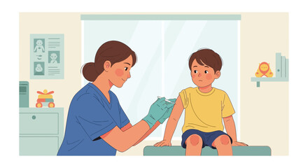 Fototapeta premium Pediatrician giving vaccine injection to young boy in clinic, healthcare concept