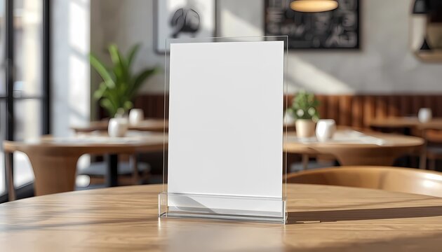 Blank restaurant menu stand on cafe table for digital ordering concept