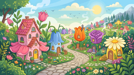 Obraz premium Whimsical Fairy Tale Garden Scene with Colorful Flowers and Enchanting Cottage.
