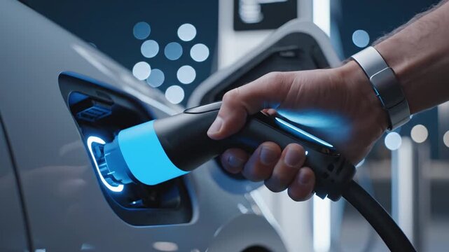 Hand connecting electric car charger to vehicle port