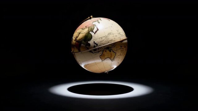 単色ブラックに浮かぶ地球儀のスポットライト撮影、世界を象徴する写真素材