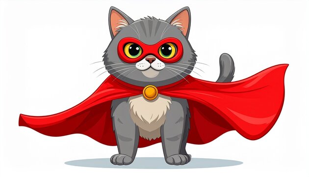 Superhero Cat Wears Red Cape and Mask, Meme Cat with Tiny Super Cape