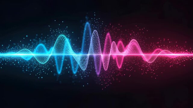 Sound Wave Visualization: An abstract visualization of a sound wave, depicted with glowing neon lines and shimmering particles in shades of blue and pink against a dark background.
