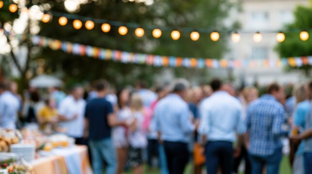 Crowd mingling at outdoor evening garden party with lights