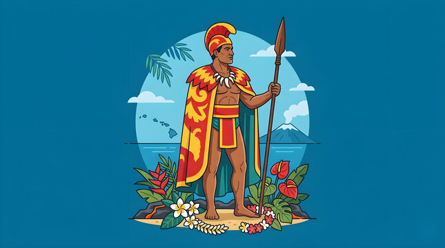 King Kamehameha Day Celebration Vector Illustration with Hawaiian Warrior King Holding Spear on Tropical Island Background