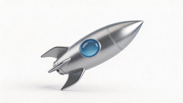 Silver rocket with blue window on white background