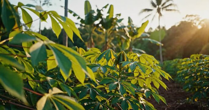 Cassava plants growing in a tropical farm field at golden sunset hour