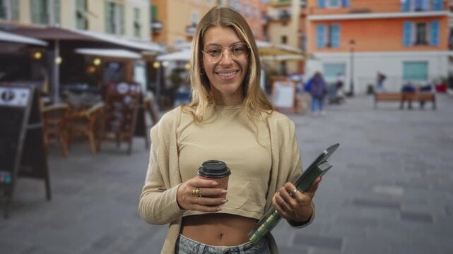 Woman holding takeaway coffee cup and green covered book, smiling while walking with exposed midriff in a busy pedestrian street cafe; serenity study.