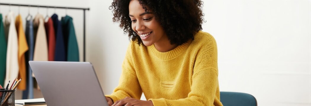 Young Black woman smiles working on laptop at home office. Person types on computer keyboard, distant learning, remote job. Cozy interior with clothes rack.