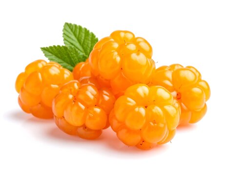 Fresh cloudberry berries with green leaves on white background, white background