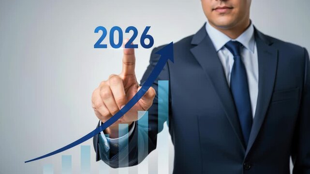 Business Forecast 2026: A businessman in a suit points to the year 2026, with an upward trending graph indicating future business growth and success.