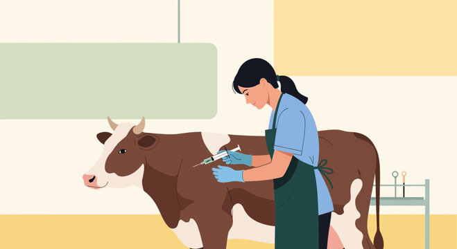 Veterinarian administering injection to cow in barn; livestock health