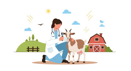 Fototapeta premium Veterinarian Examining Goat on Farm with Barn under Sunny Sky