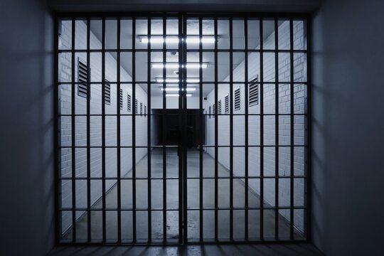 Prison hallway viewed through barred gate. Empty corridor with white brick walls and bright fluorescent lights. Stark interior with deep shadows and long perspective.