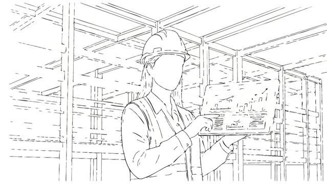 Female Engineer Analyzing Data on Tablet at Construction Site or Warehouse, Line Art Illustration for Coloring Page