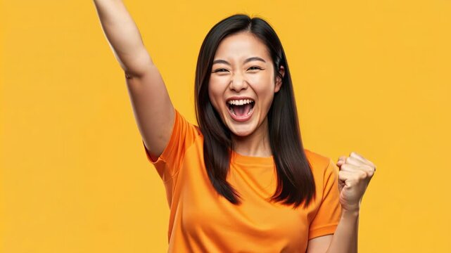 Victory Scream: A young Asian woman exults with hands raised in triumph against a vibrant yellow background, her face a picture of pure elation and excitement.