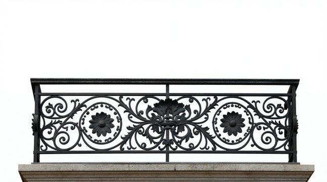 Ornate black wrought iron balcony railing detail. Intricate floral scrolls and rosettes adorn this classic architecture element. Provides a vintage, elegant facade element for urban cityscapes.