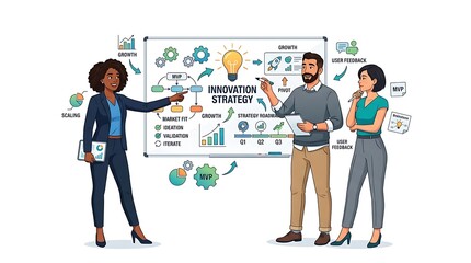 Obraz premium Diverse business team presenting a creative innovation strategy on whiteboard