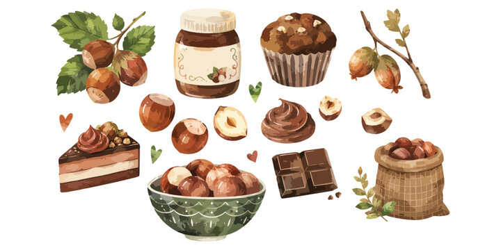 Watercolor Hazelnut and Chocolate Dessert Clipart Set
