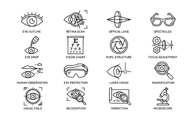 Vision and Eye Anatomy Outline Icons with Optics Perception and Healthcare Elements
