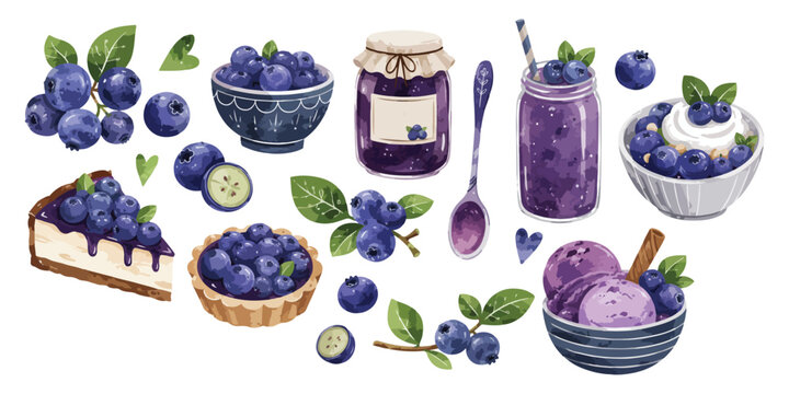 Delicious Blueberry Dessert and Fruit Watercolor Clipart Set