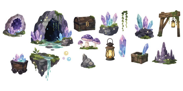 Fantasy Crystal Cave and Magic Mine Watercolor Clipart Set