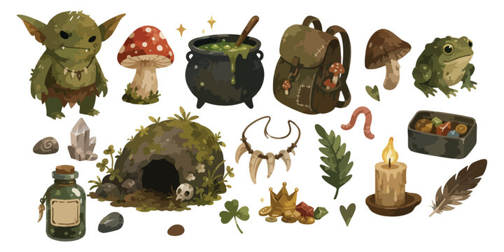 Cute Goblin Character and Goblincore Aesthetic Watercolor Clipart