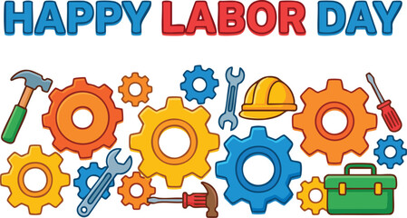 Happy Labor Day greeting with industrial tools and gears © rama coloring studio
