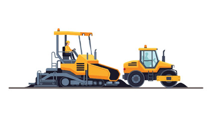 Naklejka premium Asphalt Paver and Road Roller Machine Vector Illustration. Industrial Heavy Equipment for Roadwork, Infrastructure, and Paving Construction Projects isolated on White.