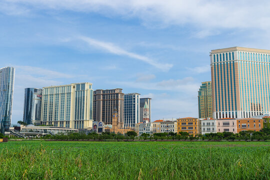 Macao cotai strip skyline with green wetland field