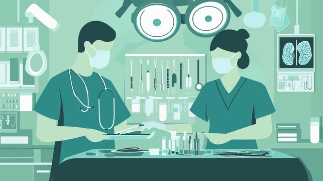Surgeons in an operating room preparing surgical instruments