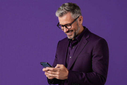 Mature man in suit, glasses smiles texting on smartphone. Confident businessman connects online using mobile device. Pro reads message, works remotely, enjoys conversation, chats on cell phone.