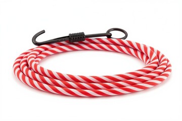 Fototapeta premium Coiled red and white striped elastic bungee cord with a black metal hook end. Flexible tie-down strap for securing loads or as exercise equipment.