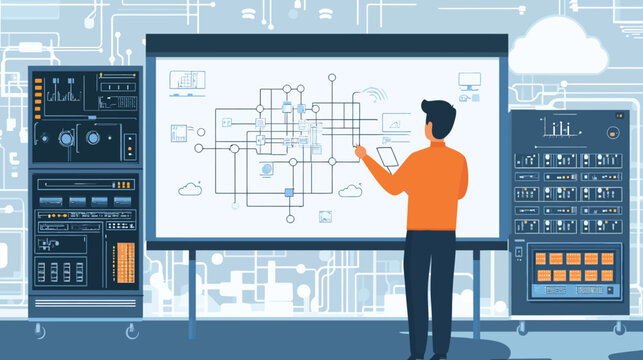 Engineer analyzing circuit diagram on digital smartboard in lab
