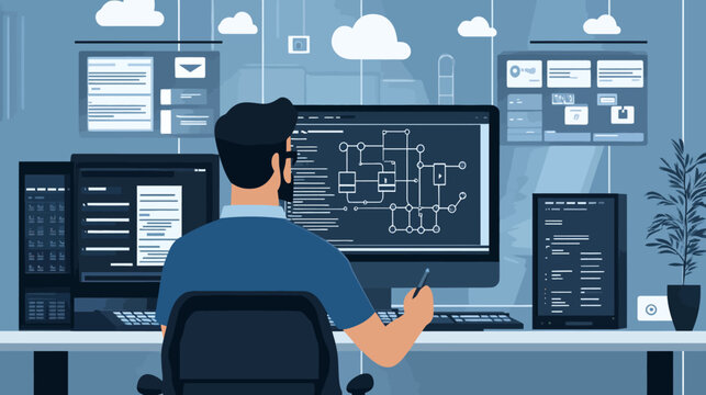 Person working on a computer with multiple screens displaying tech diagrams in a modern office
