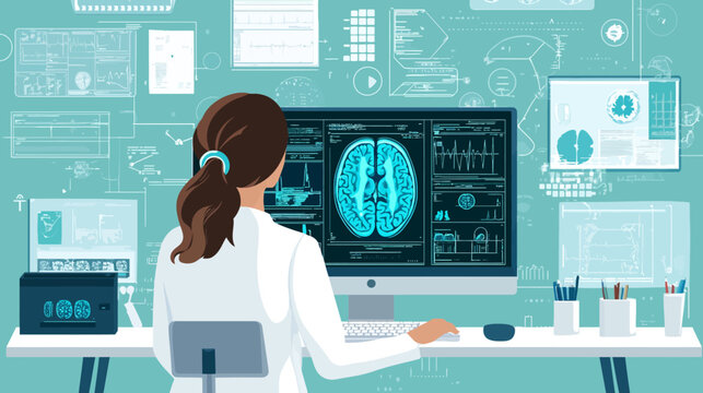 Medical researcher analyzing brain scan data on digital screens