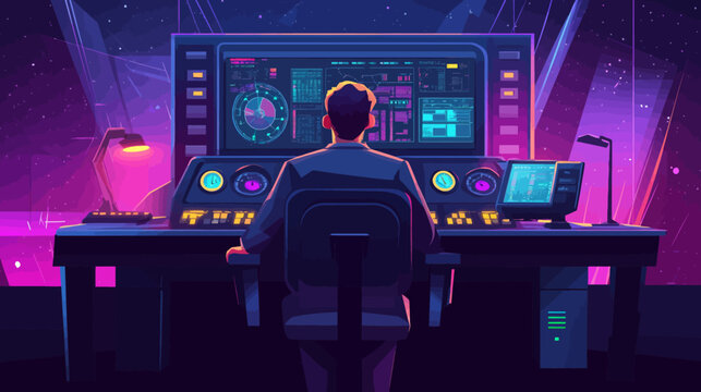 Person at futuristic control panel in a starry space environment