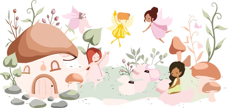 Cute vector fairy tale garden illustration set featuring little magical pixies flying around a small mushroom house with forest flowers and plants